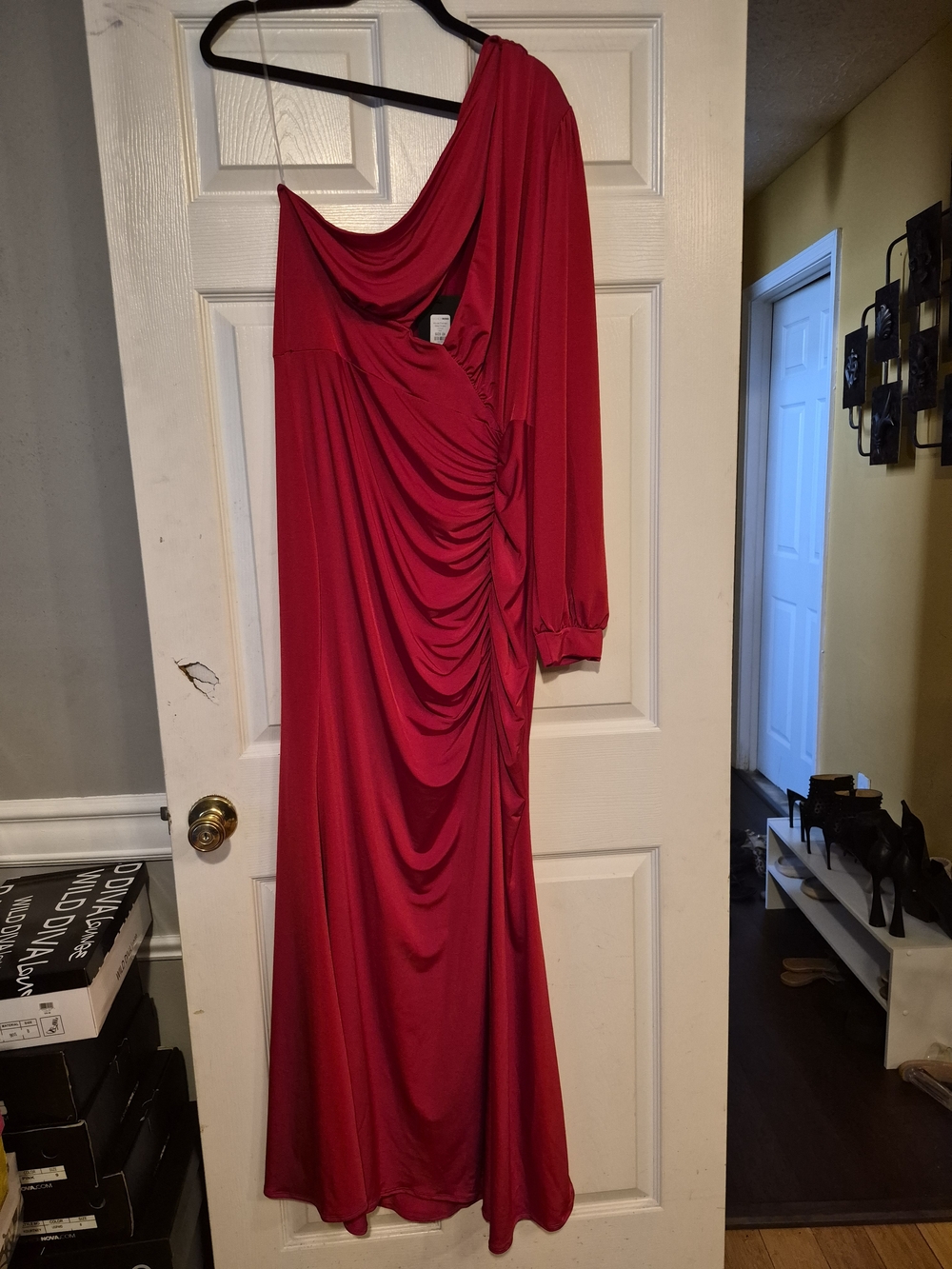 Fashion Nova Red One-Shoulder Draped Gown